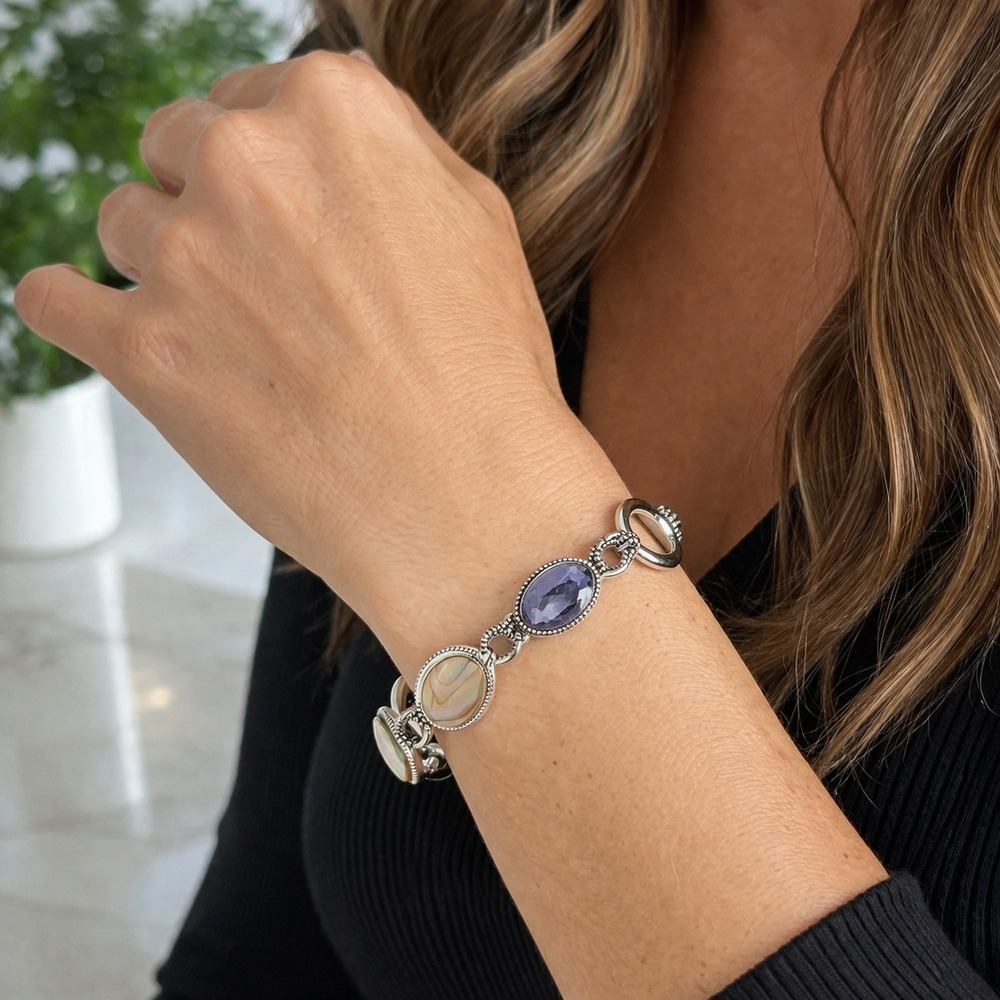 Lia Sophia Silver Tone Link Bracelet Abalone Shell Purple Glass Stone Toggle 7.2